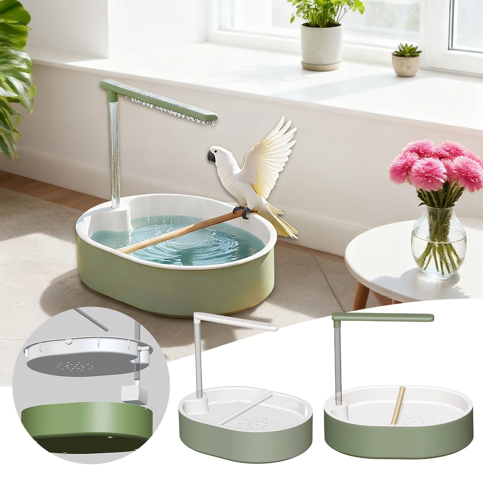 Baños automáticos para pájaros, Ducha para pájaros en Jaula, Ducha para Loros con Flujo de Agua Ajustable, bañera con Ciclo de Agua para agapornis, cacatúas, pinzones (White)