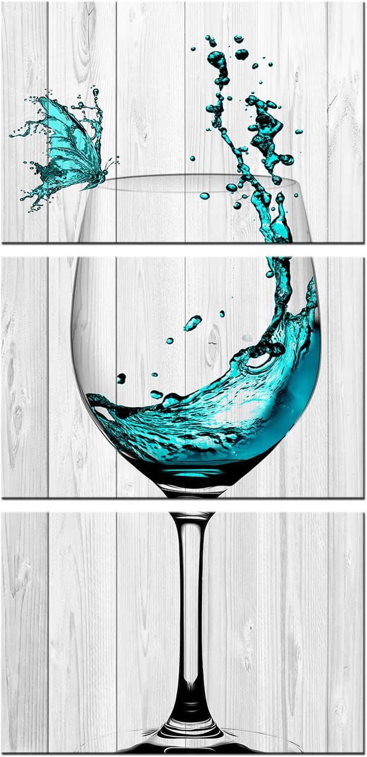 Biuteawal 3 Piece Dining Room Wall Art Turquoise Wine on Grey Wooden Background Picture Painting on Canvas Food Artwork Retro Prints Home Kitchen Restaurant Bar Decoration Framed