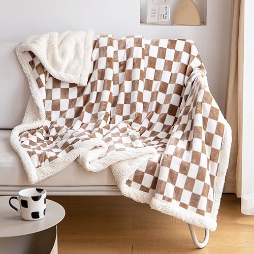 LOMAO Manta Sherpa de vellón con patrón de cuadros suave y gruesa para sofá y cama, lujosa, cálida y acogedora para todas las estaciones (caqui, 51