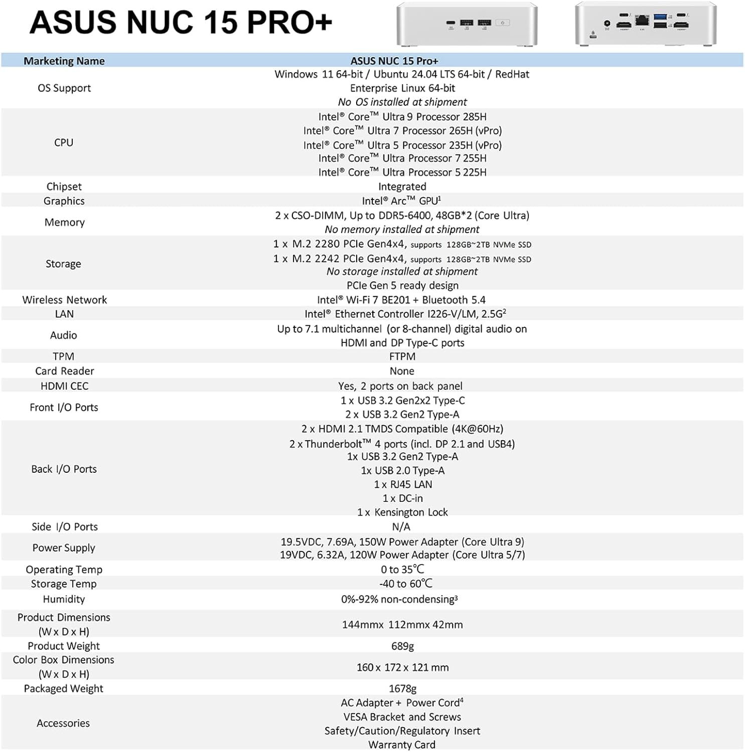 NUC 15 Pro+ NUC15CRSU9 Mini PC con processore Intel Core Ultra 9, grafica Intel Arc, display Quad 4K, Thunderbolt 4, Wi-Fi 7, chassis 0,7 L senza attrezzi per business e AI Computing (Barebone)