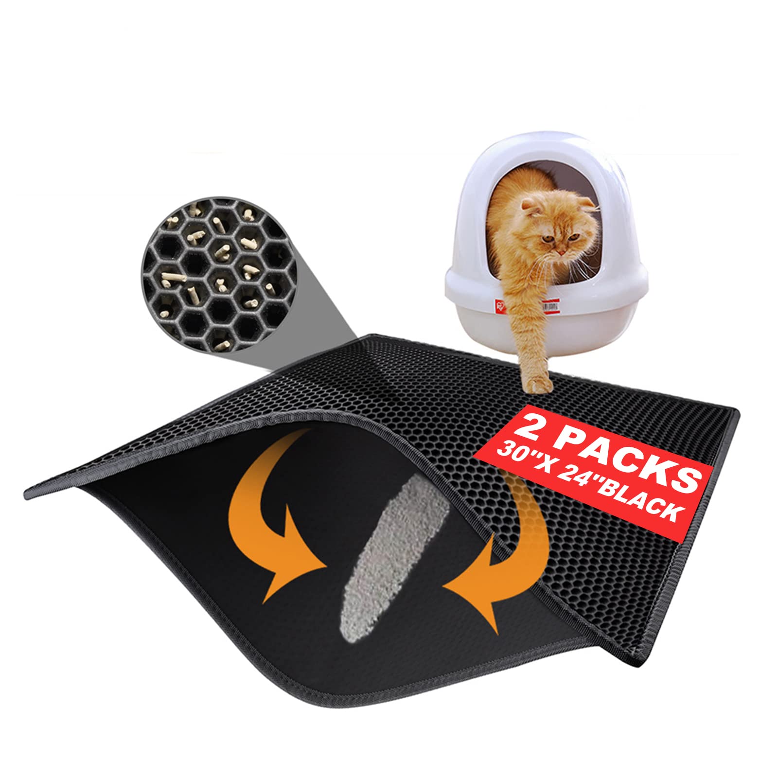 Pieviev 2 Packs Cat Litter Mat Double Layer Waterproof Urine Proof Trapping Mat (30''X24'', Black)