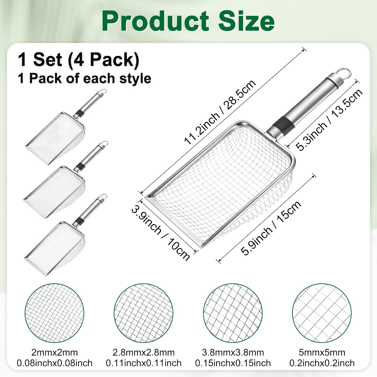 M METERXITY 4-Pack Gardening Soil Sifter, 2.5/3.3/4/6 mm Mesh Stainless Steel Sand Soil Compost Sieve with Stainless Steel Handle for Sand/Dirt/Rock Compost [Silver Tone]