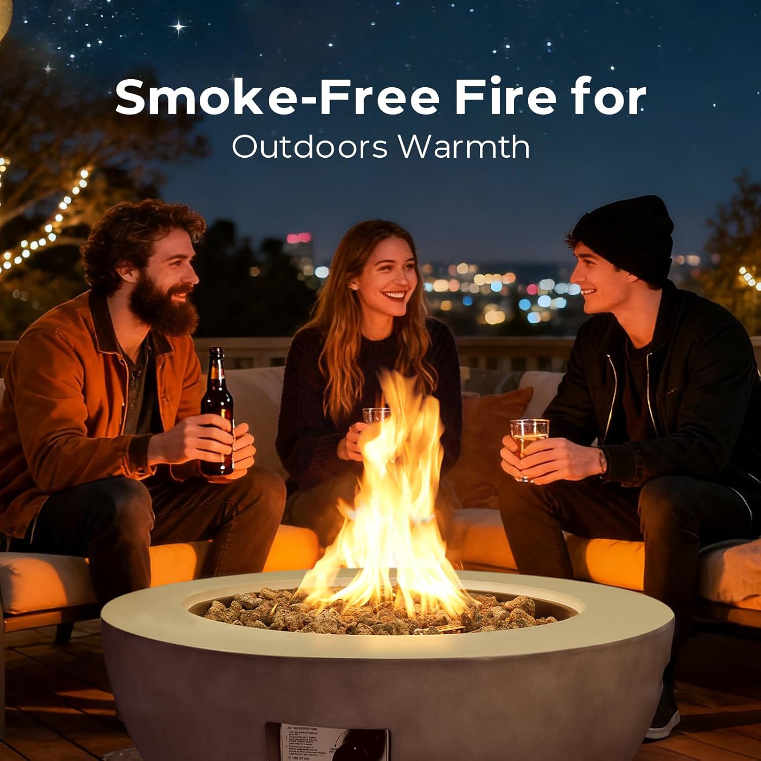 31.5 Inch Round Propane Fire Pit Table - Concrete Round Fire Bowl 50,000 BTU Natural Gas Firepit Burner with Steel Lid, Lava Rocks, Waterproof Cover for Outside Patio, Backyard, Party