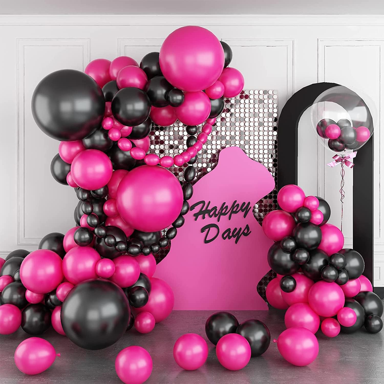201pcs Hot Pink Black Balloon Arch Kit, Double layer filling Black and Hot Pink Latex Balloon Garland Arch kit,For Pink Birthday Party Decorations Baby Shower Wedding Valentine's Day Decorationsfor.