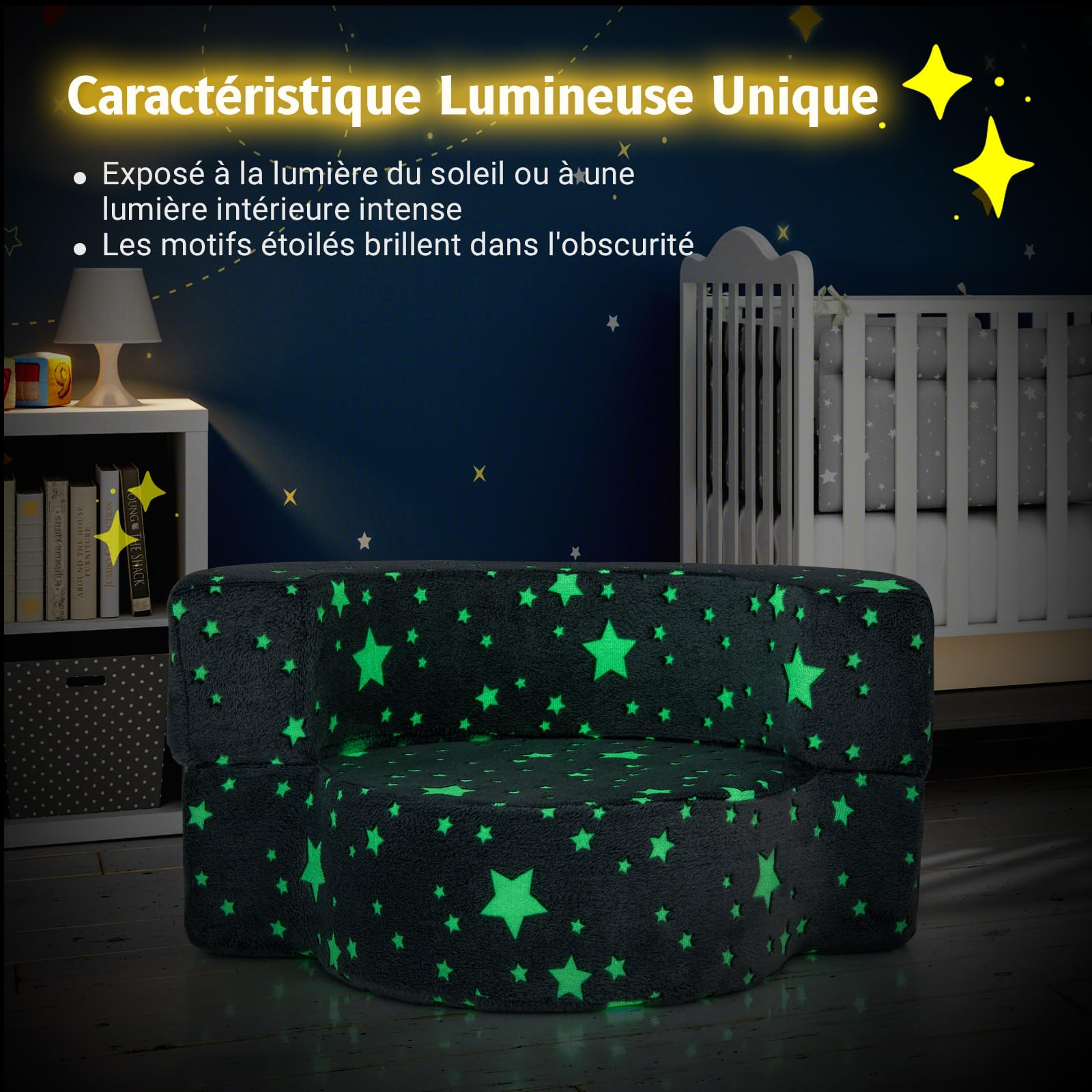 COSTWAY Canapé Convertible Enfant Lumineux avec Motif Étoile, Fauteuil Enfant Convertible en Tissu Flanelle avec Housse Lavable, Canapé Modulaire Phosphorescent pour Garçon et Fille de 3 Ans+