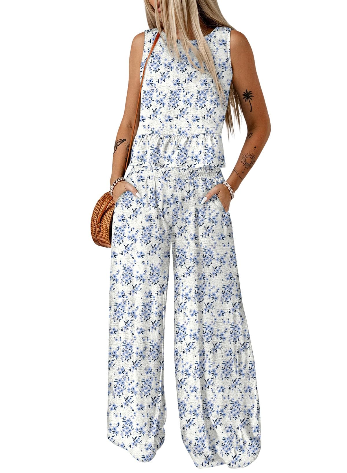Dokotoo Womens 2 Piece Outfits Tank Tops Elastic Waist Wide Leg Pants Sets