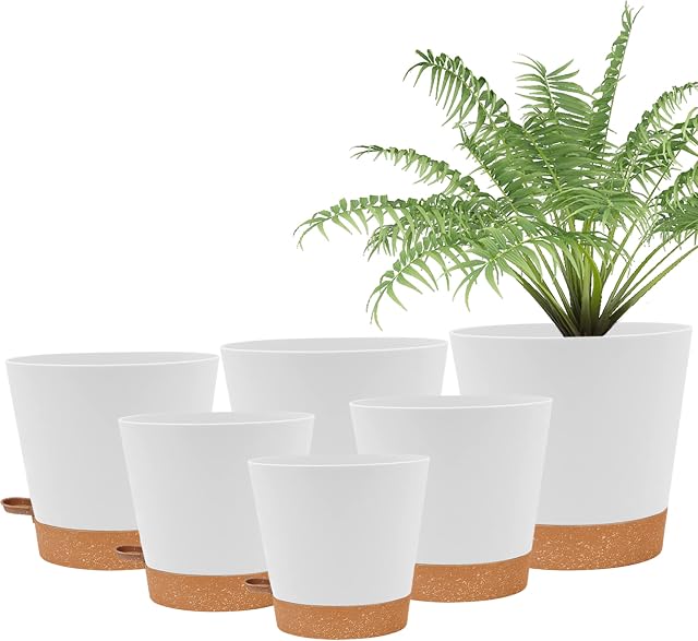 wintfarm 6 Pack Plastic Plant Pots Indoor, 8/7/6.5/6/5.5/5 Inch Modern Self-Watering Planters for Plants, Flower Pots with Drainage Holes and Trays(White)