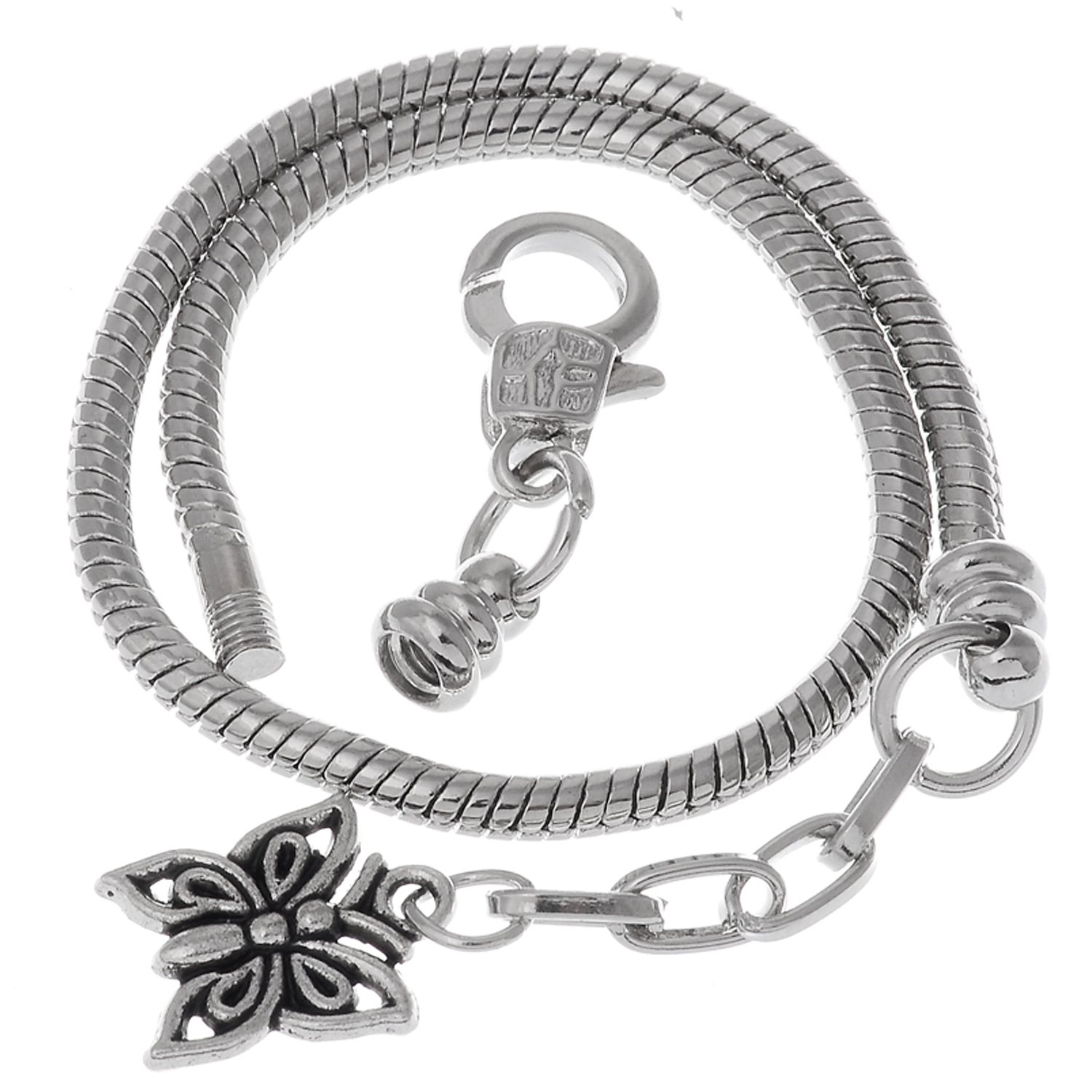 RUBYCA 5pcs 9" Lobster Clasp Butterfly Pendant Snake Chain European Charm Bracelet Silver Tone