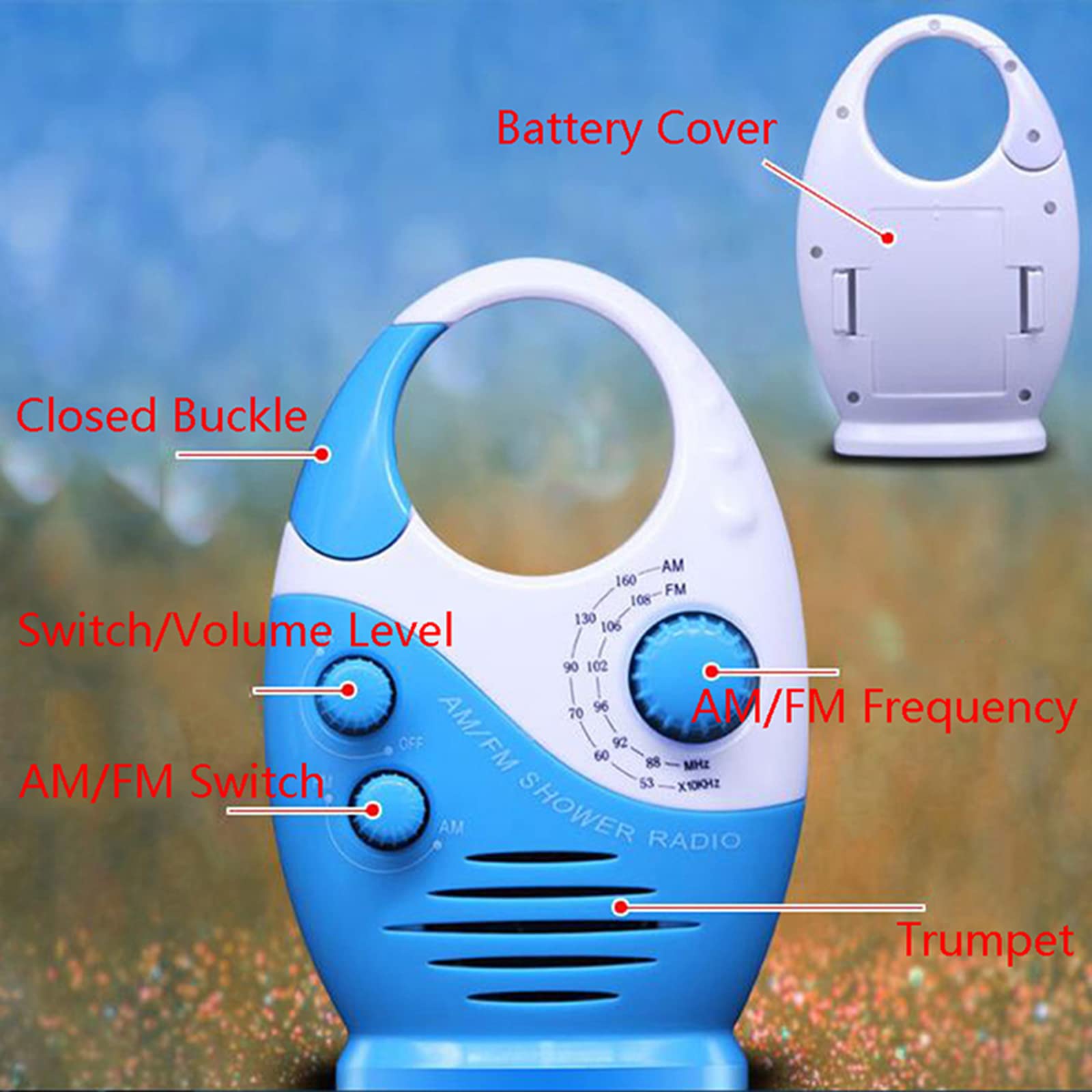 Radio de Douche étanche avec Volume réglable, Mini AM-FM Haut-Parleur pour l'extérieur avec poignée supérieure - Alimenté par Pile,Bleu