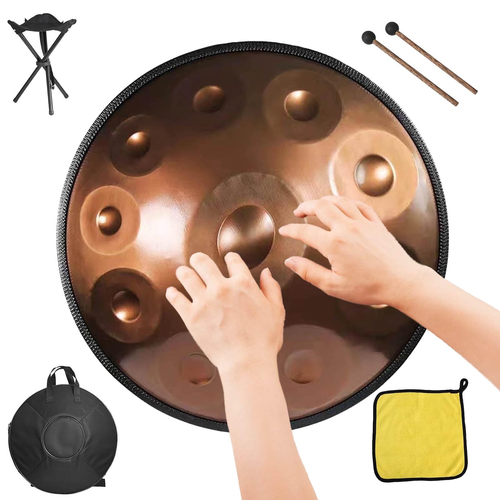 Handpan Drum 432Hz 440Hz 22 Pulgadas, Handpan de Acero en Re (D) Menor con 9/10/12 Notas, Tambor de Sonido Sanador para Adultos y Principiantes(Gold,440HZ/10Note)