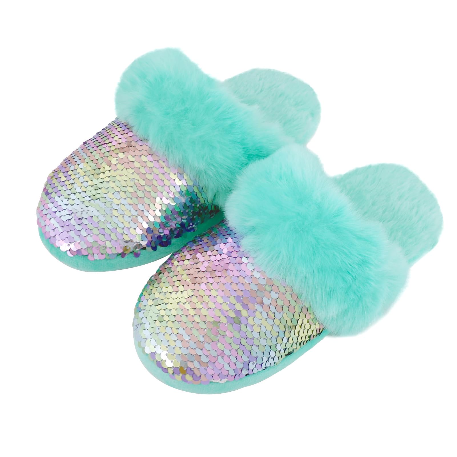 Girls Plush House Slippers Fluffy Sequin Slippers, Cute Faux Fur Slip-on Shoes Memory Foam House Slipper