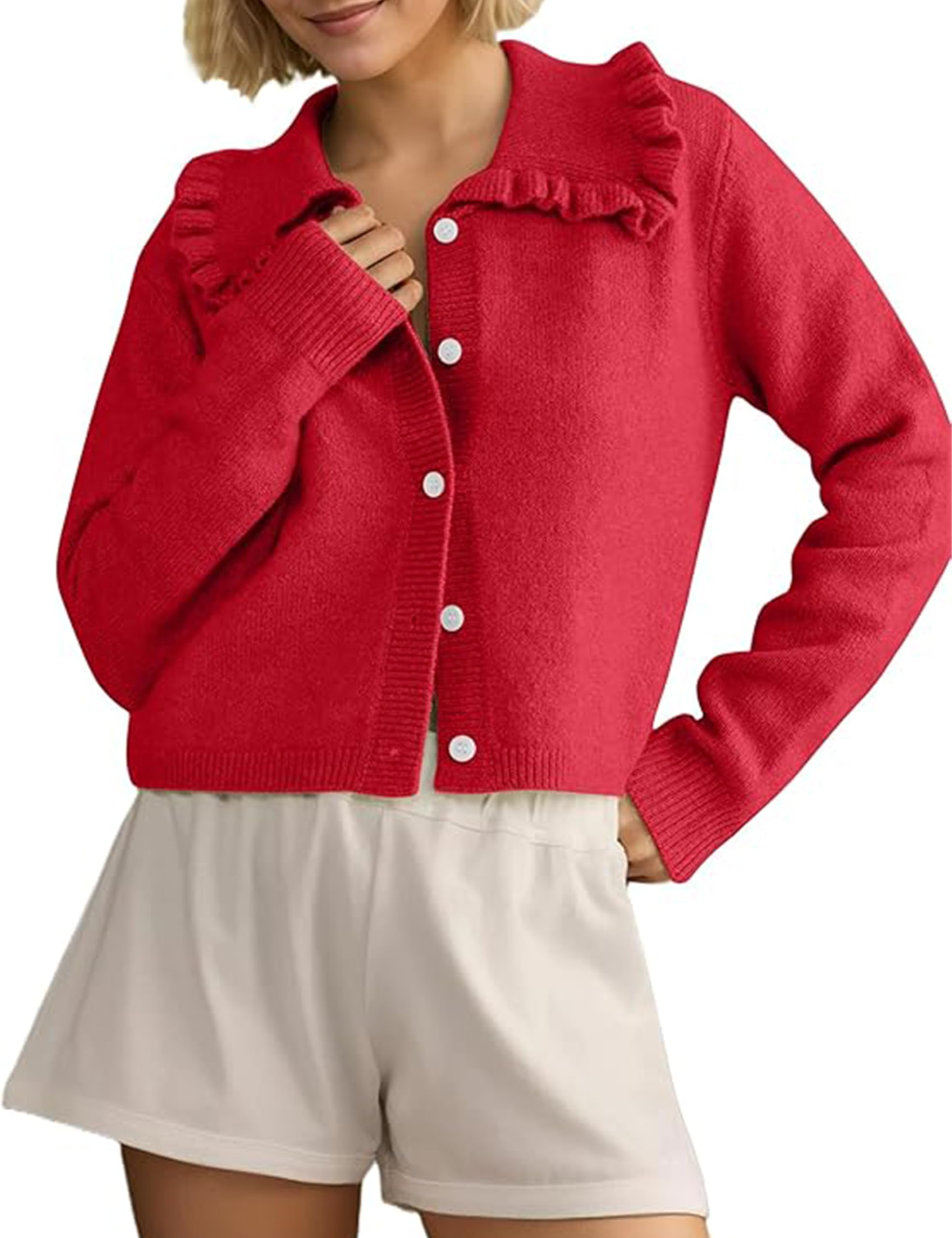 Womens Ruffle Cropped Sweater Open Front Outerwear Elegant Long Sleeve Knitted Cardigan Solid Button Jacket Fall Tops-image-36