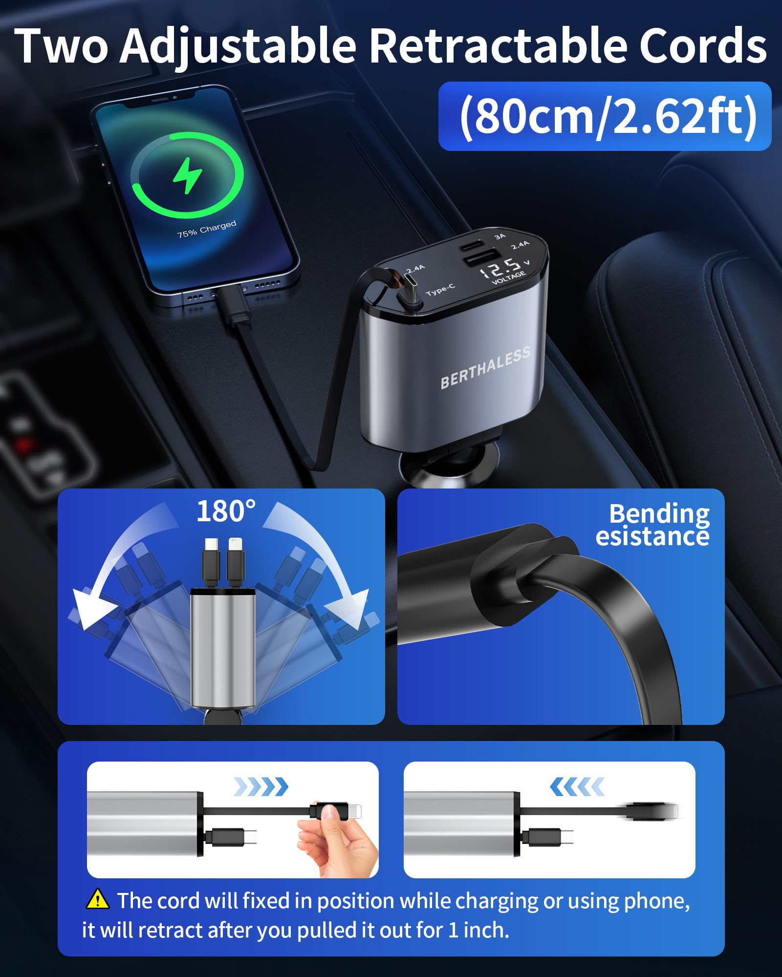 BERTHALESS Cargadores de automóvil retráctiles para cargador de coche, Estacion de carga, Cargador multiple