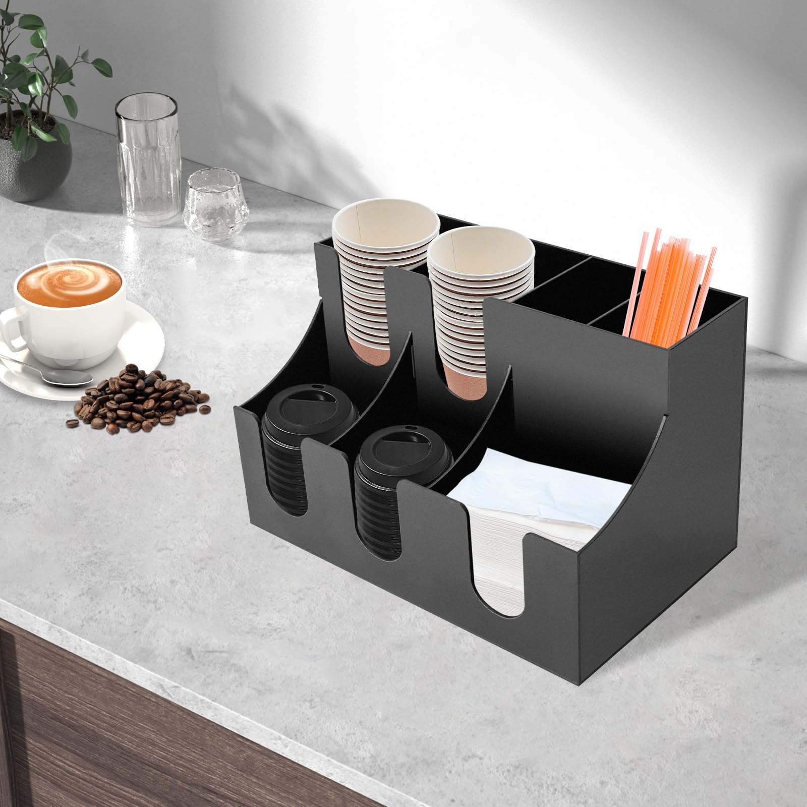 LUOSHALIYA Countertop Coffee Condiment Rack, Coffee Organizer Station with Four Cup Holders, Coffee Condiment Service Tray for Cafes, Catering Bars, Company Lounge Areas, Clubhouses