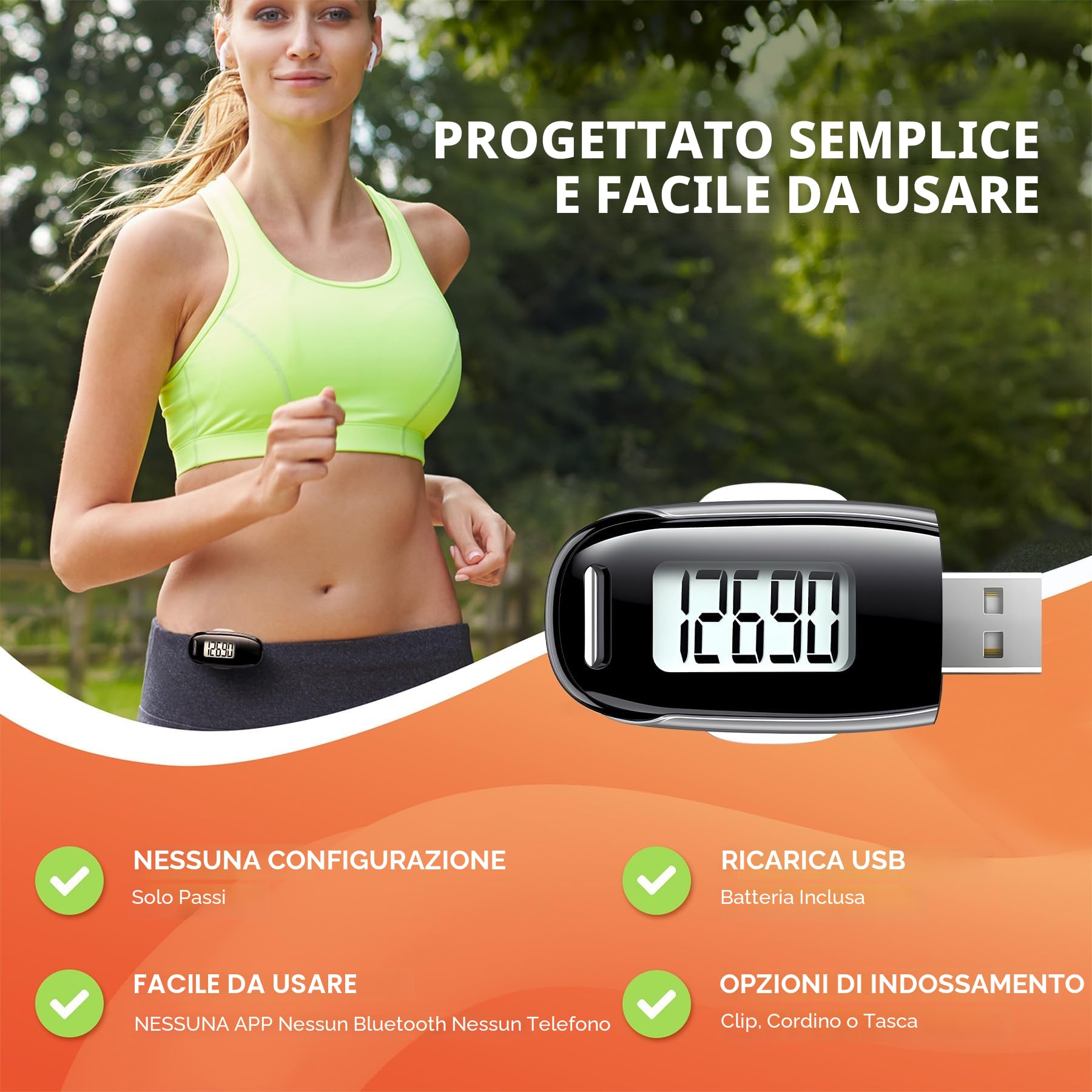 Pedometro 3D per camminare, semplice contapassi con clip e cinturino rimovibili, ricaricabile tramite USB, con retroilluminazione, contapassi accurato per uomini, donne, bambini, anziani