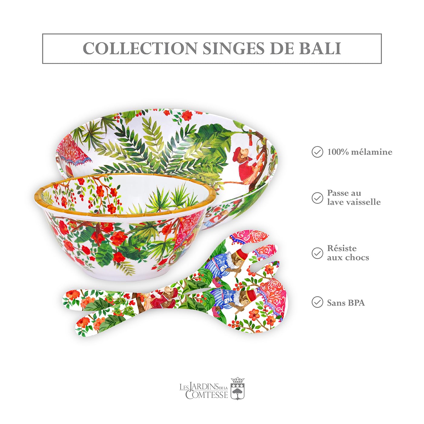 Les Jardins de la Comtesse – Couverts à salade en Mélamine Pure – Toucans de Rio – 33 cm – Multicolore - Service de Table de la Vaisselle Quasi-Incassable MelARTmine
