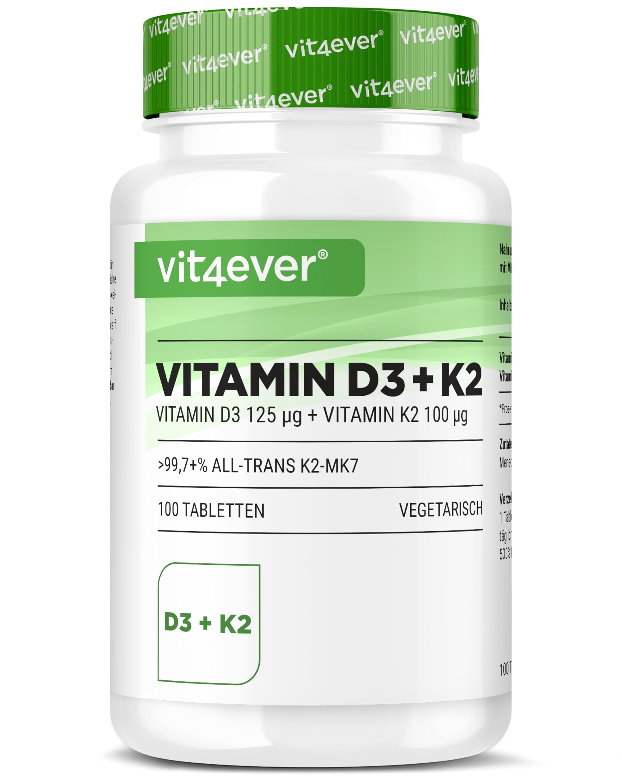 vit4ever Vitamin D3 + K2 Depot - 100 Tabletten - Premium Rohstoff: 99,7+% All-Trans - Mit 5000 I.E. Vitamin D3 pro Tablette - Vegetarisch - Premium Qualität - Ohne unnötige Zusätze