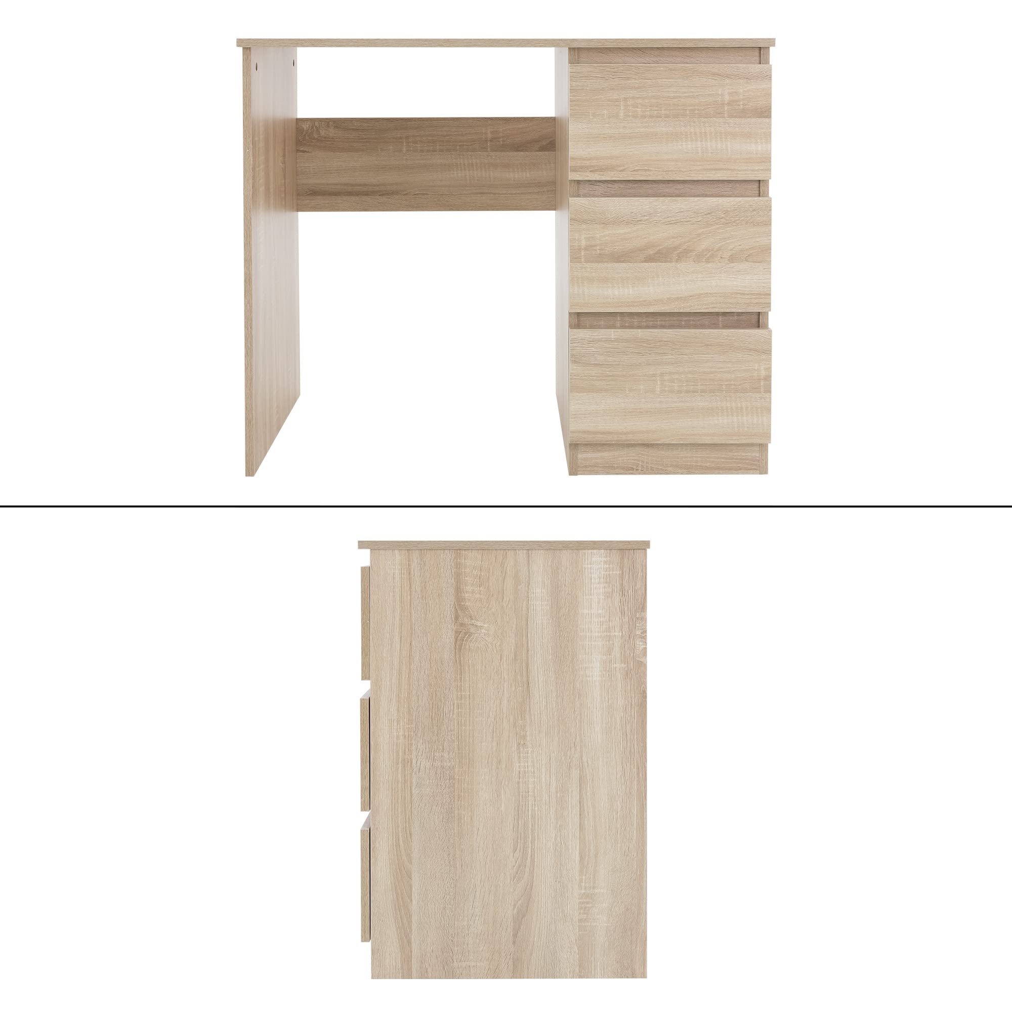 ML-Design Schreibtisch mit 3 Schubladen, 90x76x50 cm, in Sonoma-Eiche, viel Stauraum, modern, Arbeitstisch Bürotisch Computertisch Büromöbel Kinderschreibtisch Laptoptisch PC Tisch, für Heim/Büro