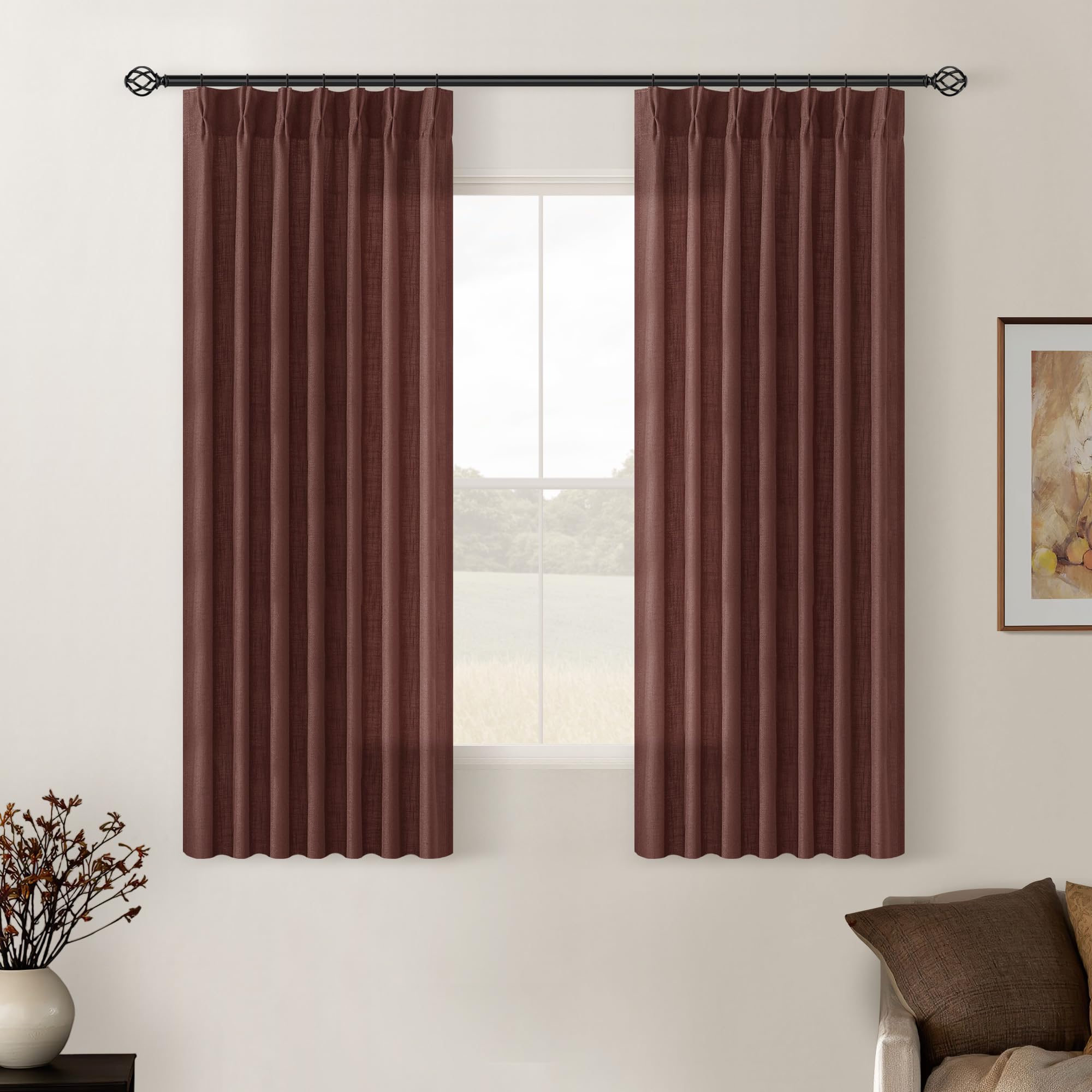 Chestnut Brown Pinch Pleated Linen Sheer Curtains 45 Inch Length 2 Panels