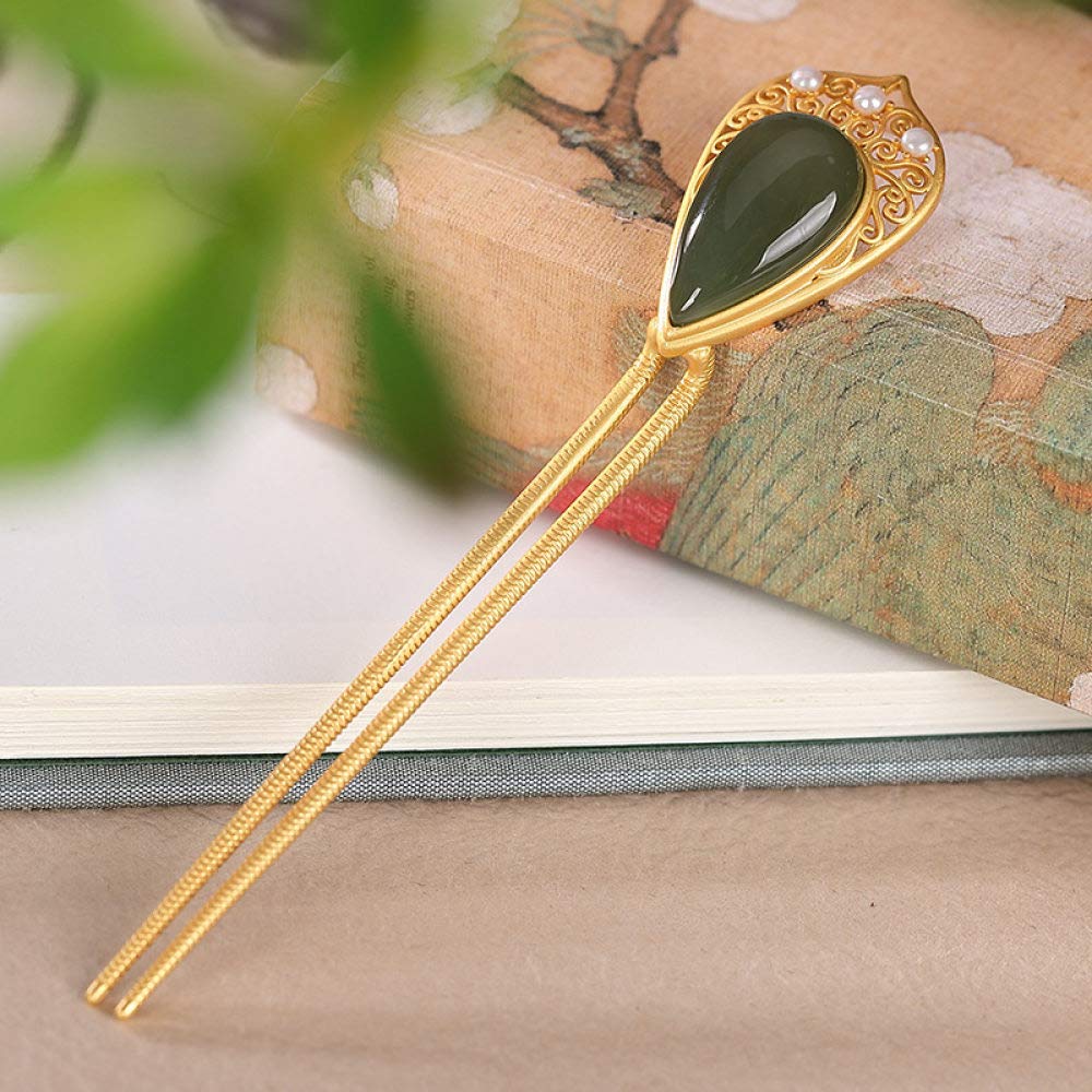 Gioielli per capelli cinesi, Bacchette for capelli retrò a forma di U in argento 925 for donna, forcina for capelli in giada verde Hetian, forcine etniche placcate in oro e perle, 3 punte for chignon.