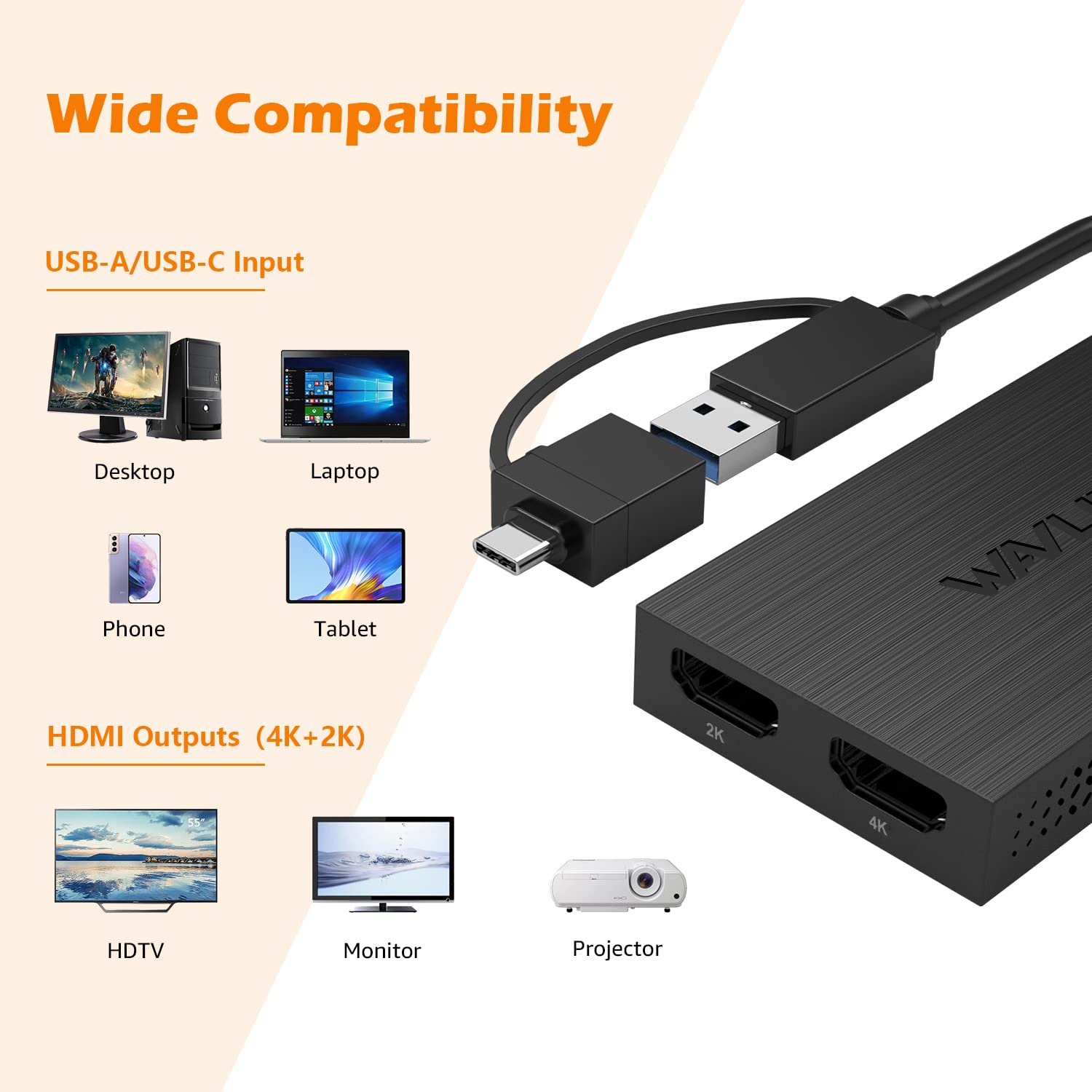 WAVLINK Adaptateur USB 3.0 vers Dual HDMI, Adaptateur USB C vers Double HDMI 4K@30HZ, Convertisseur de USB C vers HDMI pour MacBook Neo/Windows 7/8/8.1/10/11, Mac OS 10.10x Or Above, Chrome