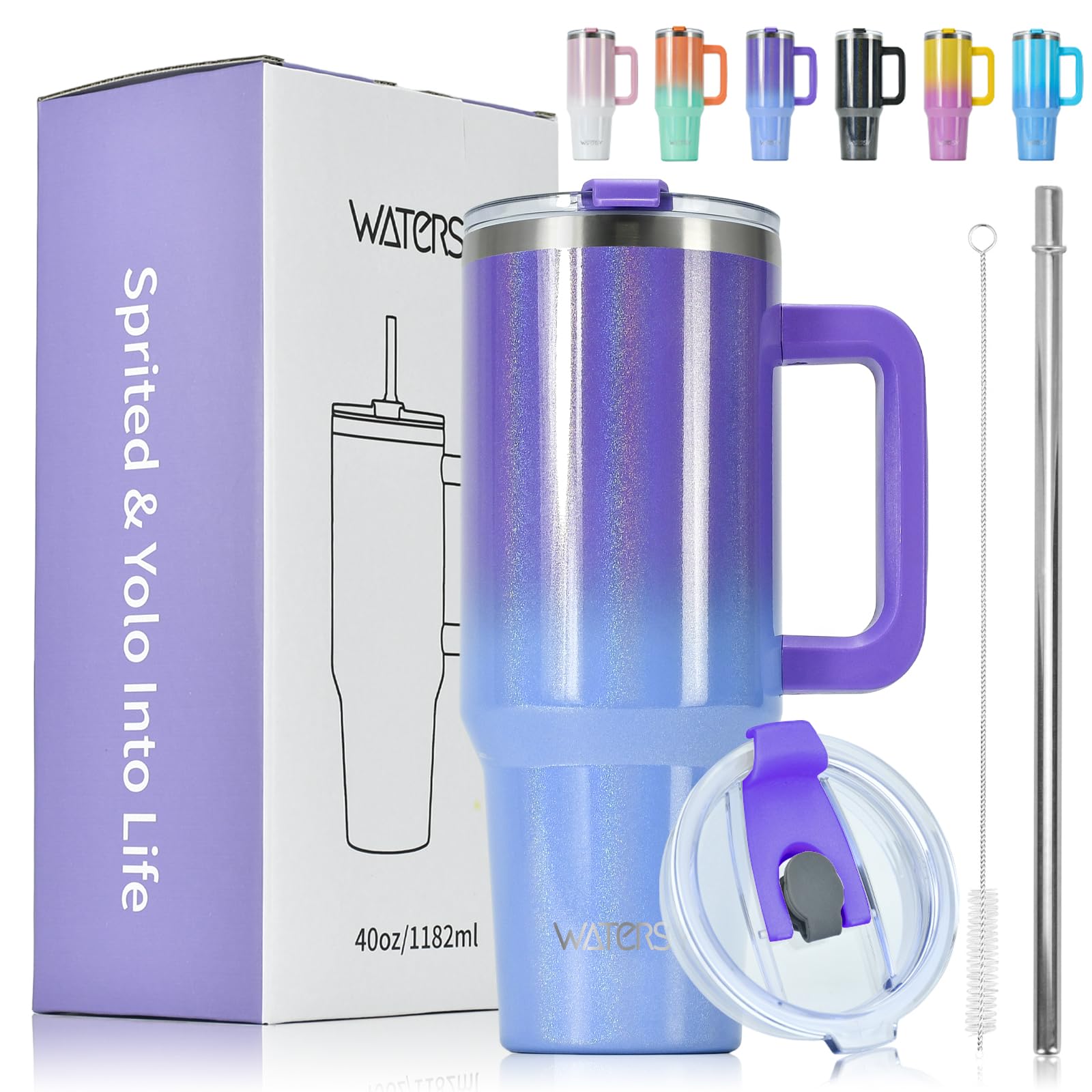 WATERSY 40oz Kaffeebecher to Go Thermobecher Doppelwandiger Edelstahl Vakuum Auslaufsicher Trinkbecher mit Griff und Strohhalm Thermo Tumbler Lila Blau Glänzend