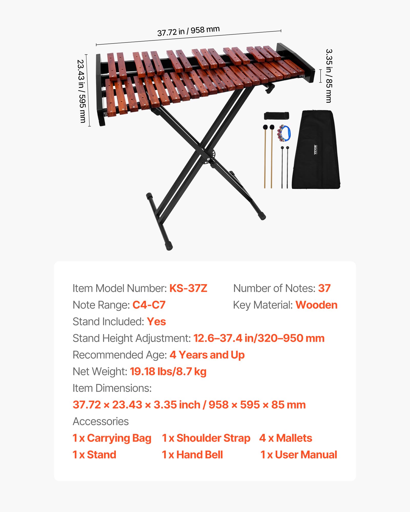 VEVOR Glockenspiel Diatonico Xilofono, 37 Note, Strumento a Percussione Professionale in Legno, con Supporto Regolabile in Altezza 4 Bacchette, Borsa per Trasporto, per Insegnamento Musicale