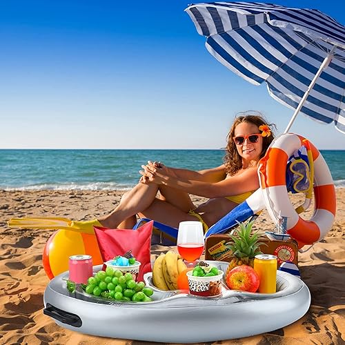 Miniatura 6 de Soporte inflable flotante para bebidas para piscina, la mesa de bandeja tiene portavasos y latas de bebidas con cuenco de aperitivos, PVC duradero