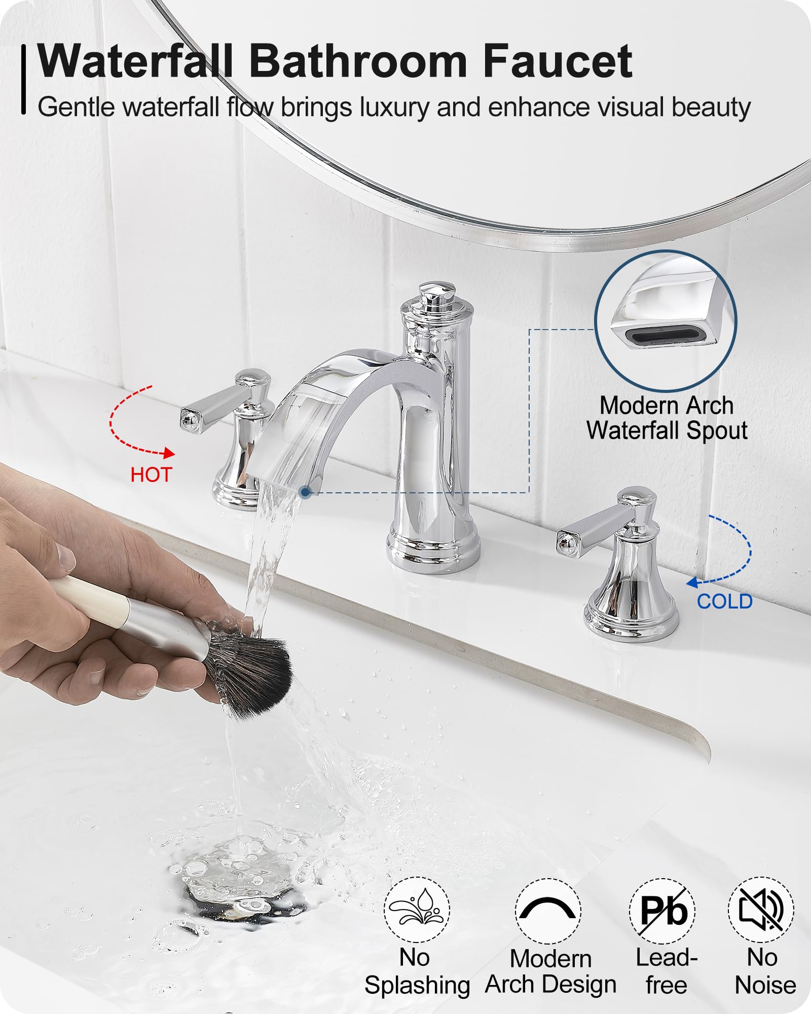 Rubinetto da bagno a cascata cromato a 3 fori, in ottone, interasse 4-16 pollici, con piletta a scomparsa, tubi di alimentazione cUPC e 2 maniglie per lavabo, bagno e toilette, installazione in 10 m