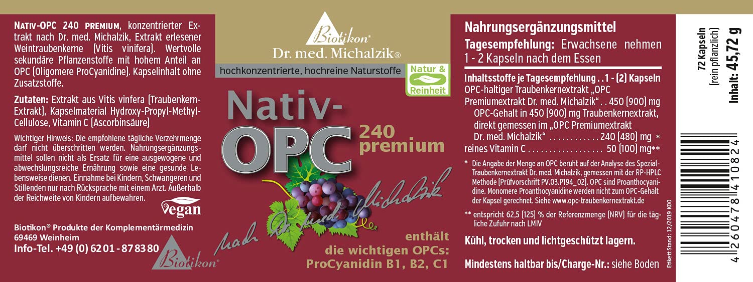 OPC premium Dr. med. Michalzik - 450mg Traubenkernextrakt - 240mg reines OPC - 100mg Vitamin C je Tagesdosis - aus französischen Traubenkernen hergestellt von BIOTIKON®