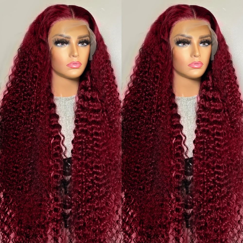 22 Inch 99J Burgundy Deep Wave Lace Front Wigs Human Hair Pre Plucked 13x4 Hd Lace Frontal Wigs with Baby Hair for Black Women Glueless Wigs Human Hair Water Curly Wet and Wavy Red Wig