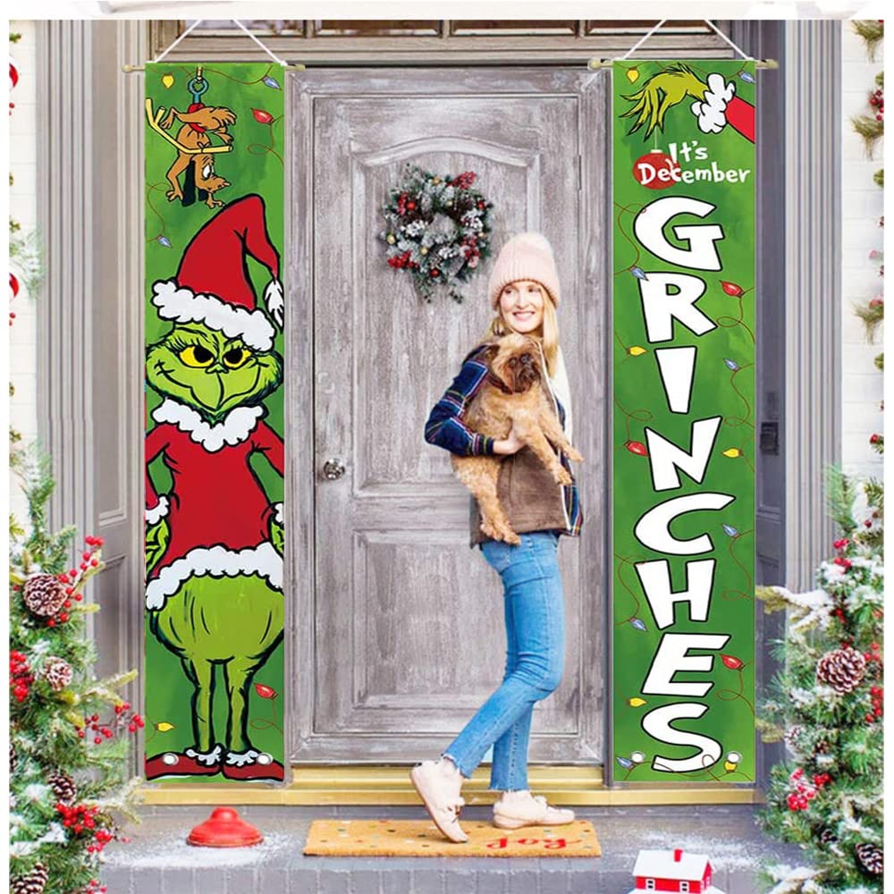 Merry Christmas Porch Sign, Gri-nch Christmas Banners Hanging Flag, Xmas Decorations - Image 4