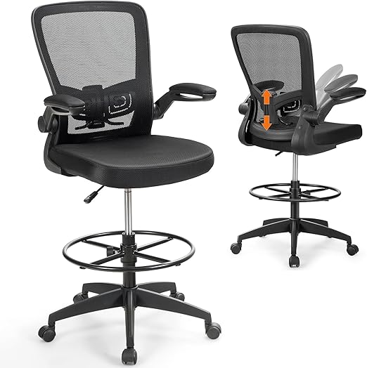 COSTWAY Drafting Chair, Tall Office Chair with Flip-up Armrests & Adjustable Foot Ring, High Back Computer Standing Desk Chair with Ergonomic Lumbar Support, Breathable Mesh (1, Black)