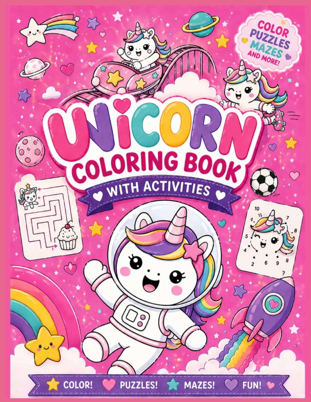 Unicorn Coloring book & activity book for kids ages 3-7: Fun and Easy Activity Book with mazes, puzzles, and cute unicorns