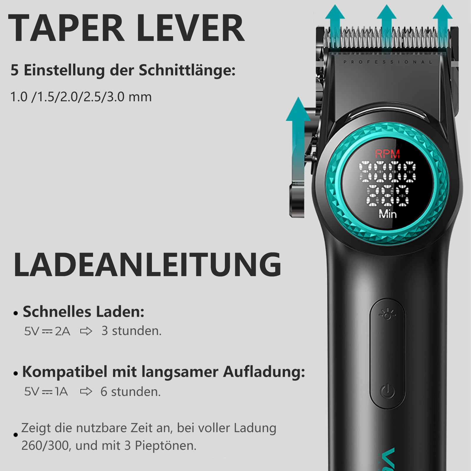 VGR 001 Professionelle Haarschneidemaschine für Männer, Schnurlose Friseurschermaschine zum Haarschneiden, Karbonstahlklinge Haarschneider für Barbiere, 9000 U/min, LED-Anzeige, Schwarz