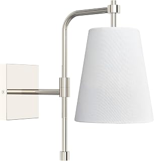 1-Light Wall Sconce, 2-in-1 Plug-in & Hardwired, Polished Nickel Finish, Fabric Linen Shade, Adjustable Swing Arm Light Fixture for Bedside, Living Room, Bathroom, Versatile Home Décor