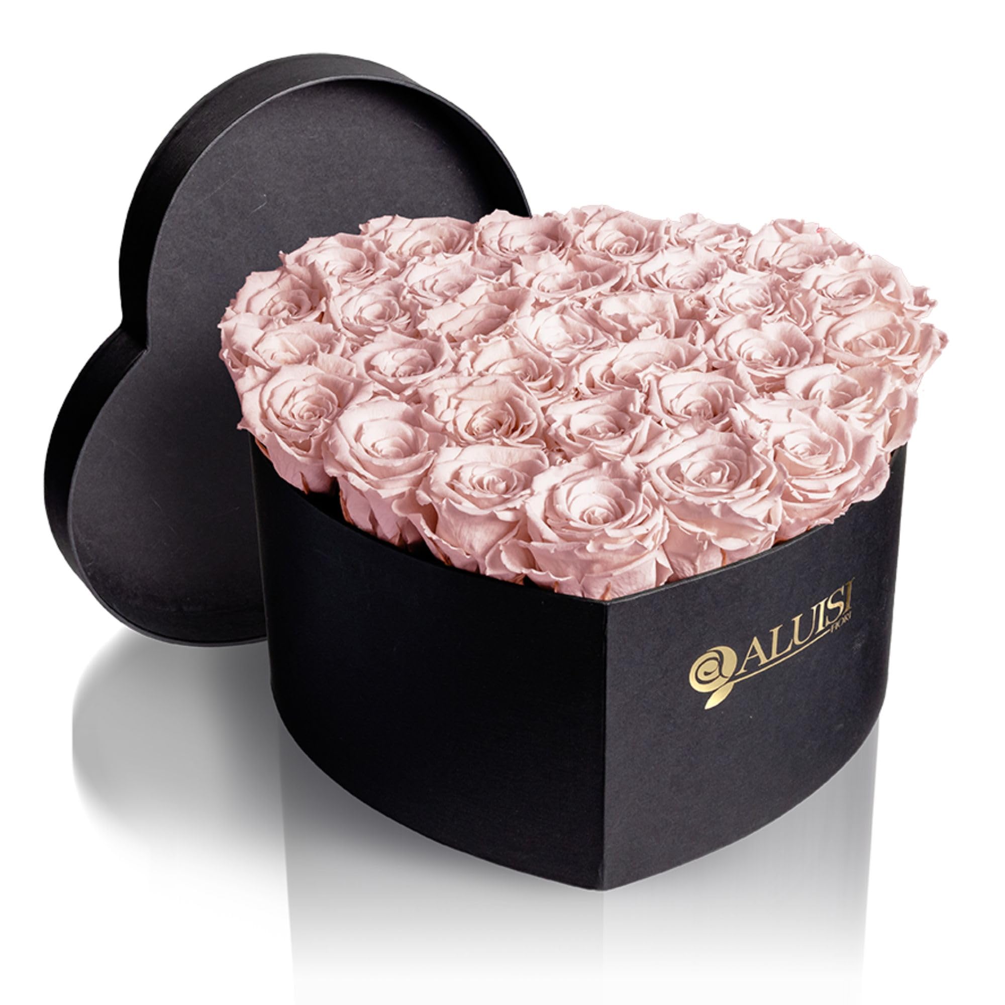 Aluisi Fiori - Cuore con 30 Rose Rosa Stabilizzate - Box Nera (Festa della Mamma, Regalo Romantico, Arredo Soft)