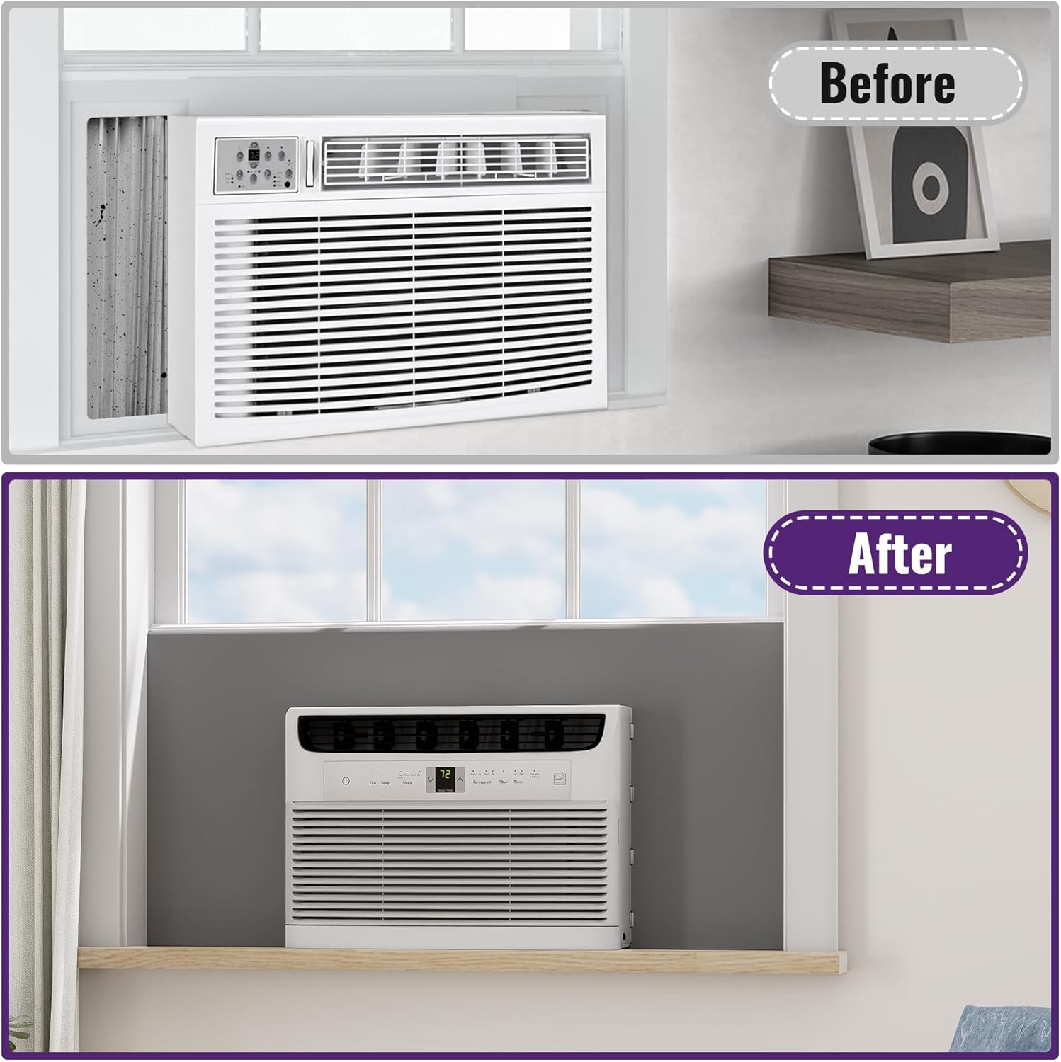 Mxclimate Full Surround Window AC Insulation Foam Side Panels for Air Conditioner Units, 48'' Width Indoor Window Seal Kit Cover, Winter and Summer,Grey