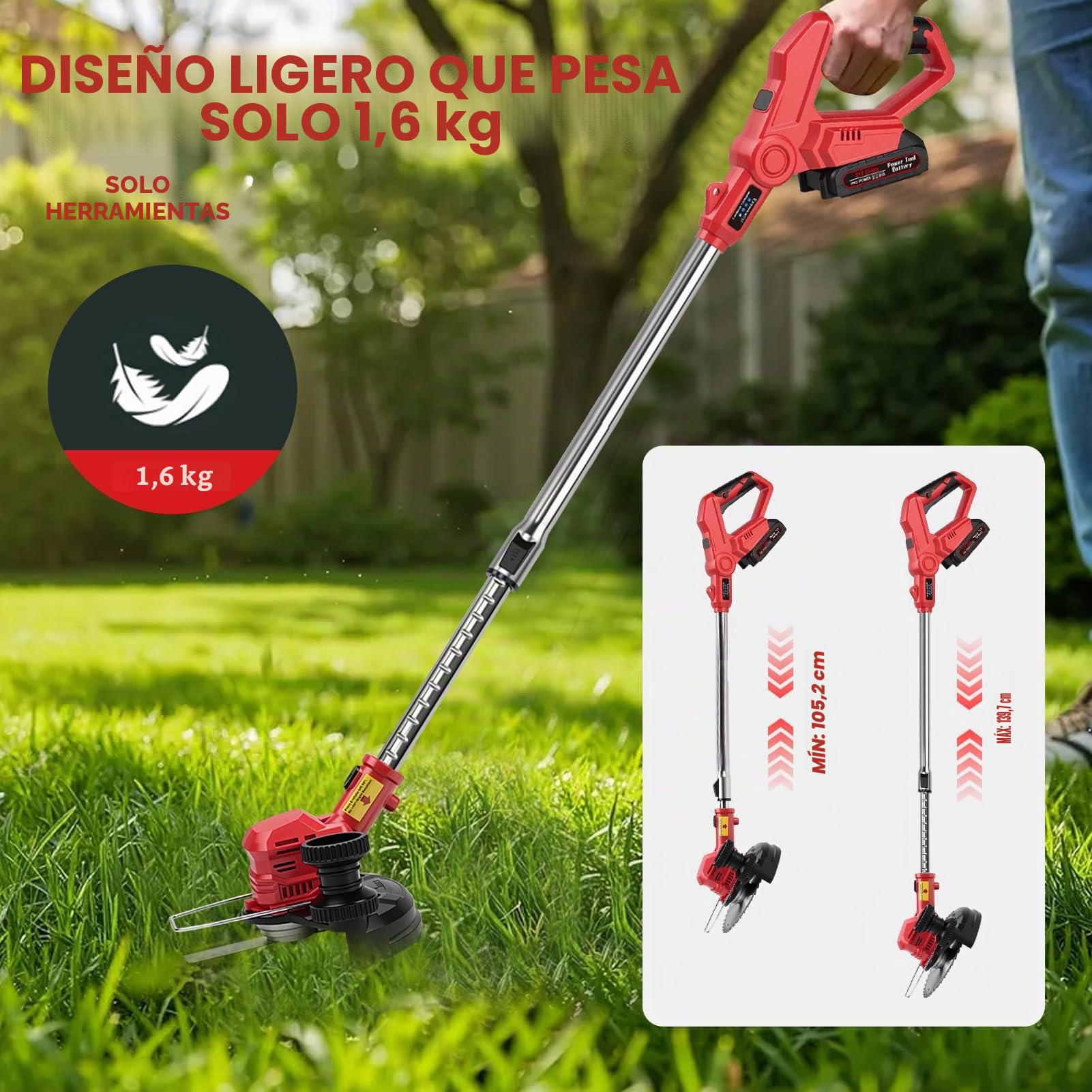 Cortadora de césped eléctrica inalámbrica, desbrozadora eléctrica de 21 V con 2 baterías de 1500 mAh, desbrozadora eléctrica Ajustable con Mango telescópico para Recortar el jardín
