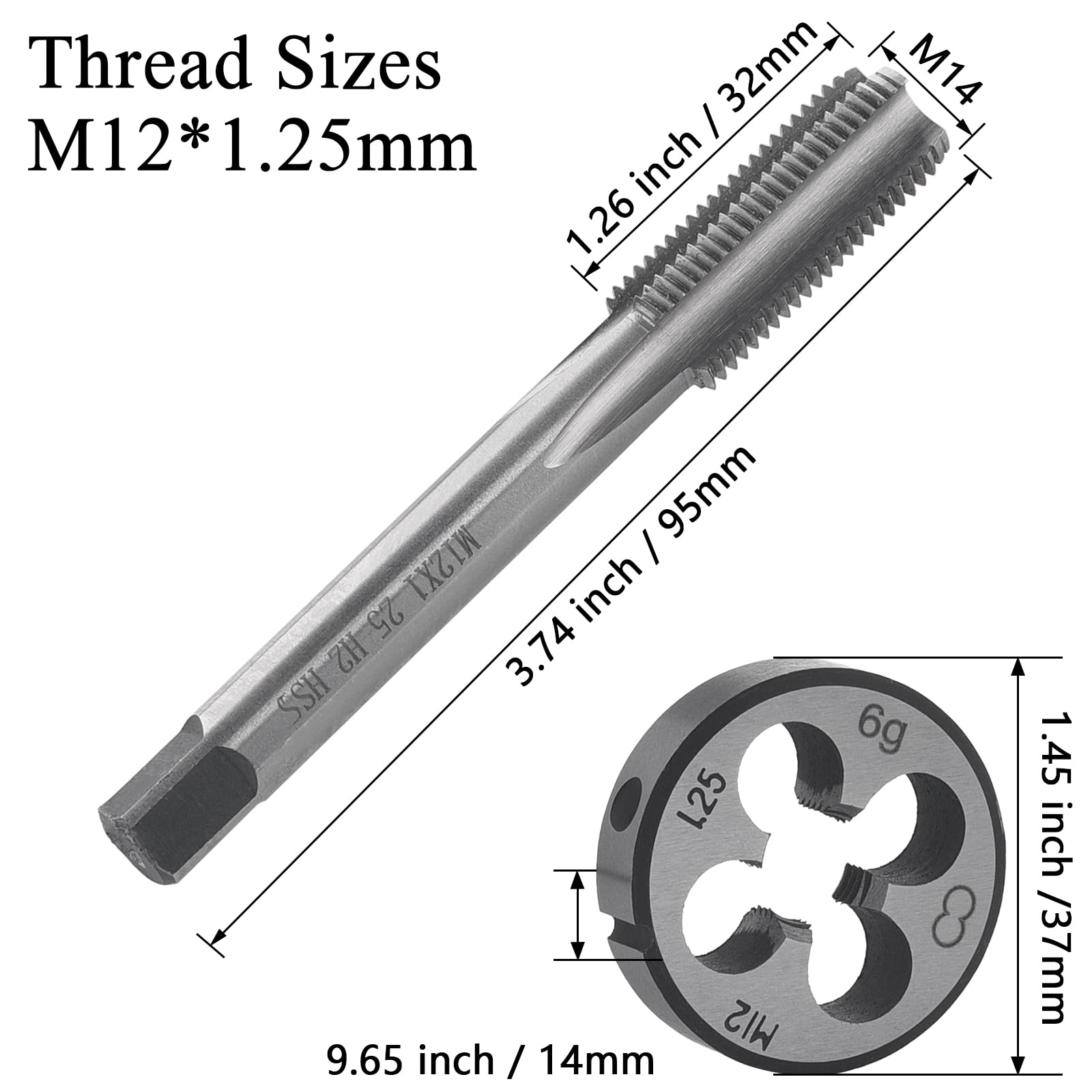 Set maschi e filiere HSS M12 x 1,25 mm filettatura destra fine diritta scanalata