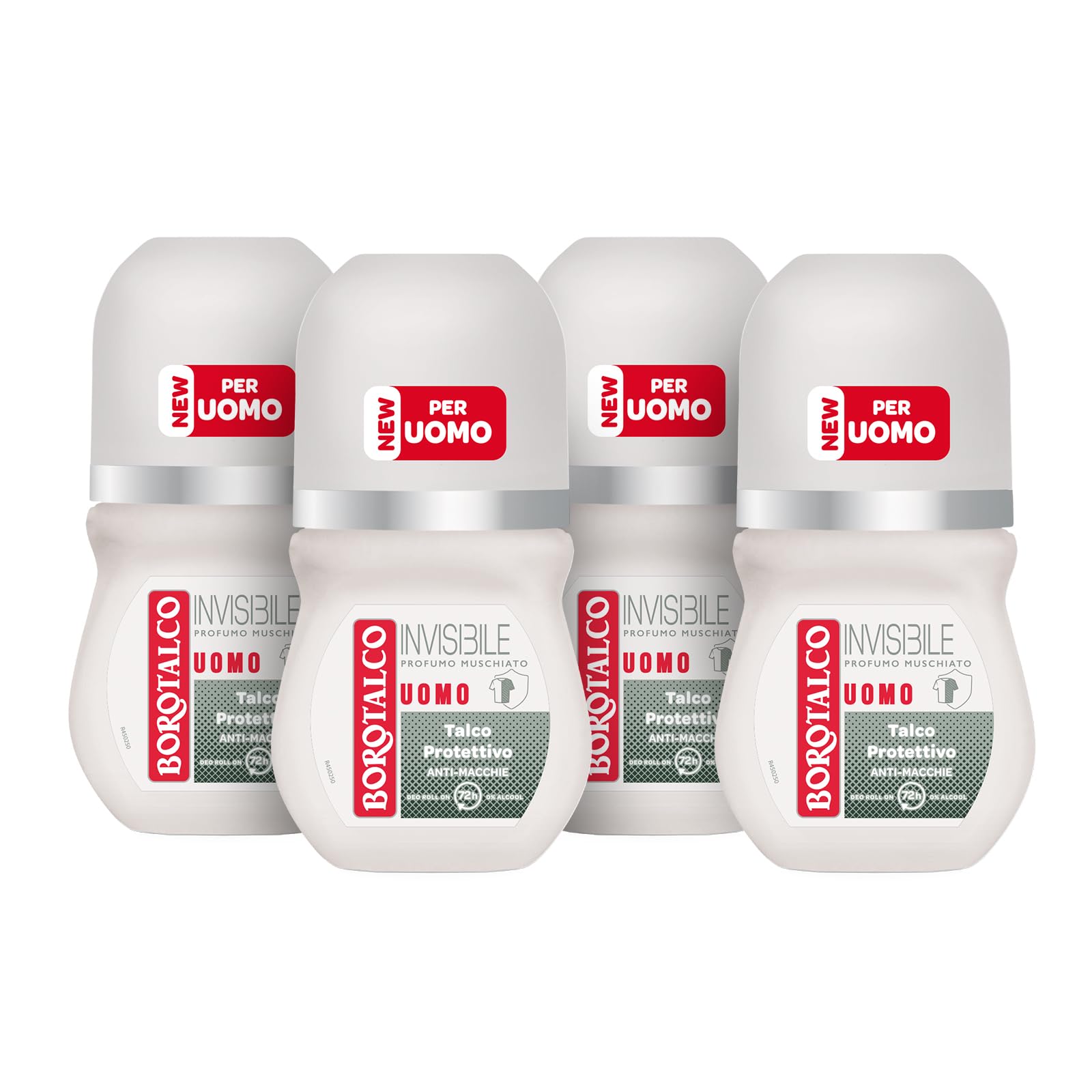 Borotalco Herren Unsichtbarer Mann Deo Roll-On Für Unsichtbar, Mit Talkum, Gegen Flecken, Ohne Alkohol, Moschusparfüm, 72H Wirksamkeit – 4 Stück À 50 Ml – Exklusiv Von Amazon