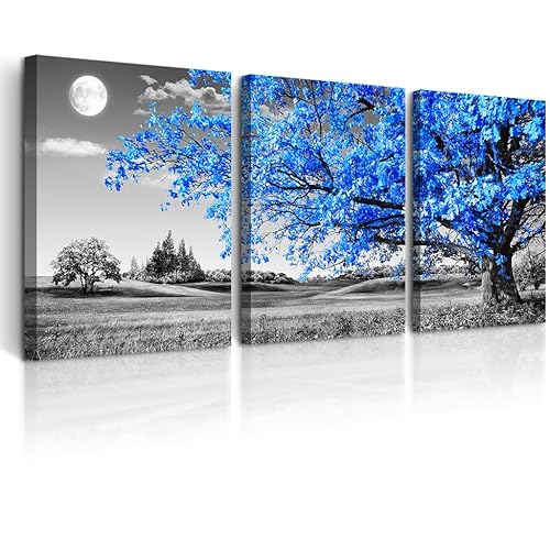 DZRWUBHS Modern Wall Art For Living Room Canvas Wall Decor For Office Black And White Blue Tree Wall Painting Scenery Wall Pictures Artwork For Bedroom Room Home Decor Prints Art 12" X 16" 3 Piece