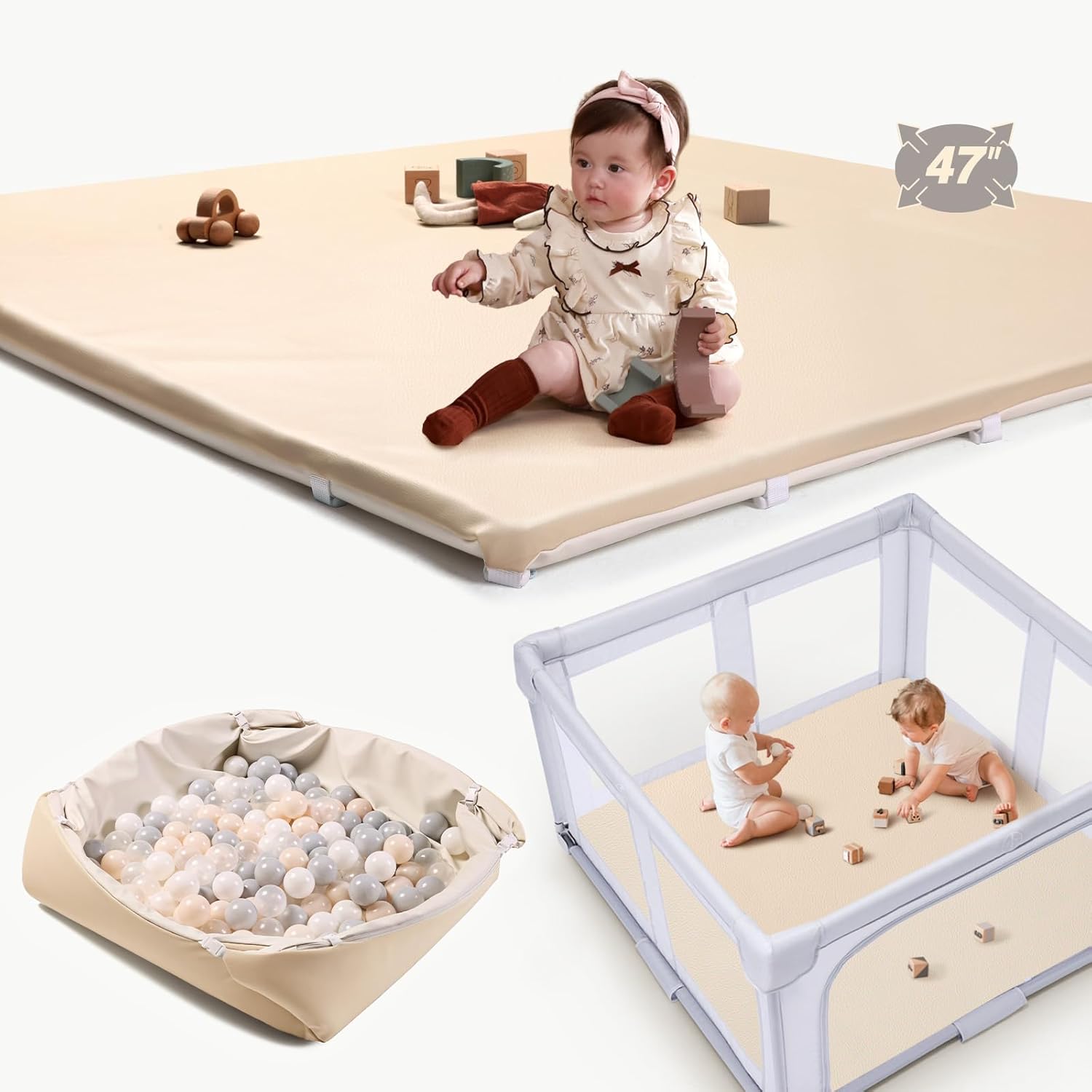 Baby Padded Floor Mat: 2025 Upgrade 2-in-1 Foldable 47×47 Foam Soft Mat & Play Pit- 1.4inch Extra Thick Vegan Leather Waterproof Play Mat for 50×50 Playpen -Playmat for Infants Babies