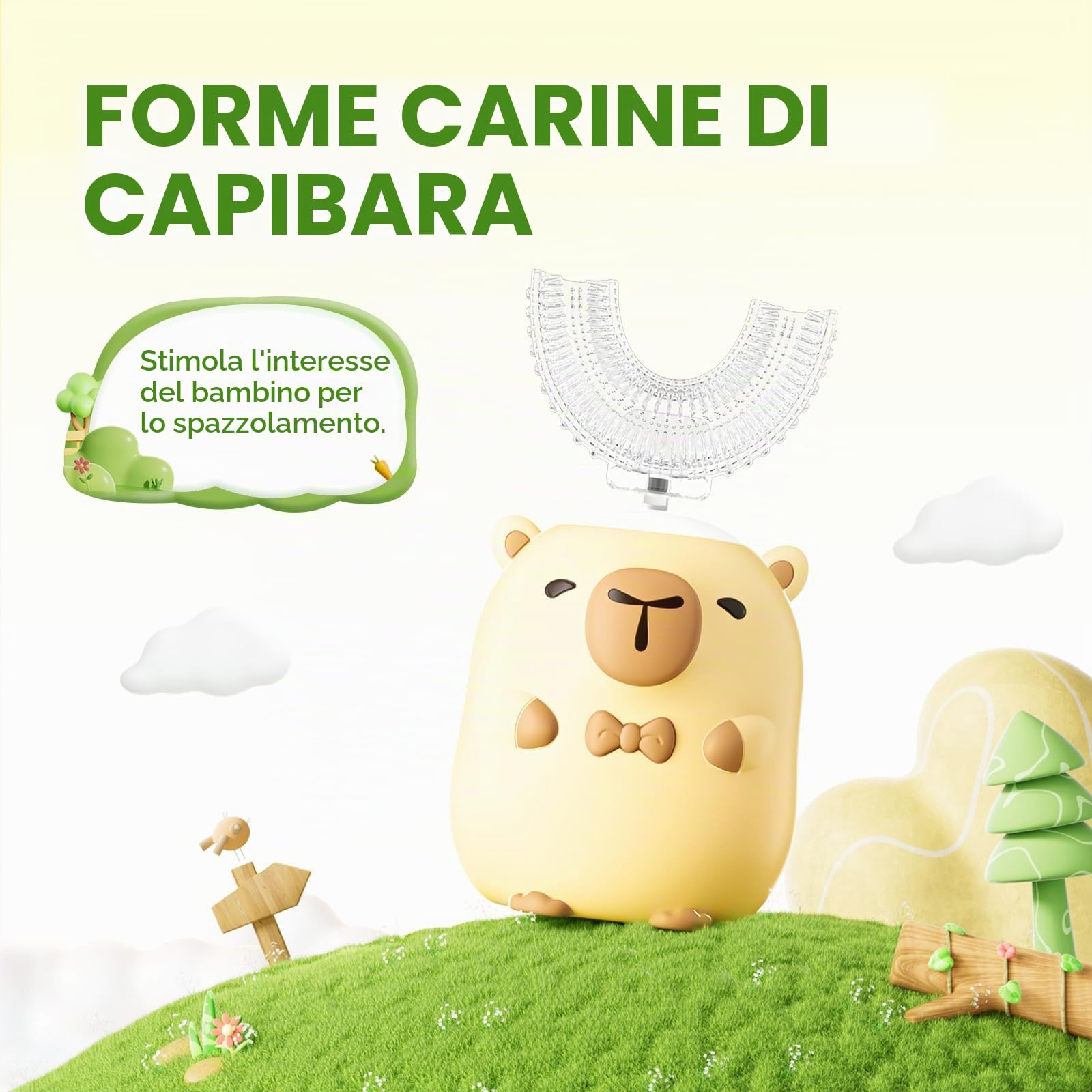 Spazzolino elettrico per bambini a forma di U - Capibara con 6 testine per pulizia completa della bocca, spazzolino automatico per bambini, con impermeabilità IPX7 (Capybara, 2-14 anni)