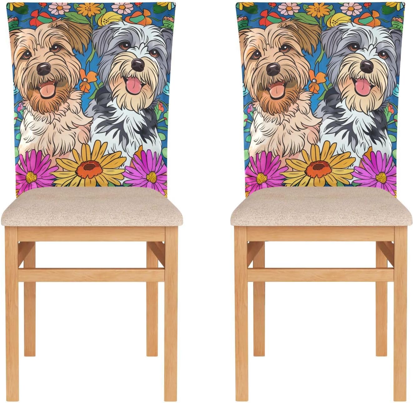 ALAZA Happy Dogs Brught Flowers Chair Back Cover Set of 6, Washable Reusable Removable Chair Slipcovers Decorative Chair Cover for Home Kitchen Wedding Party