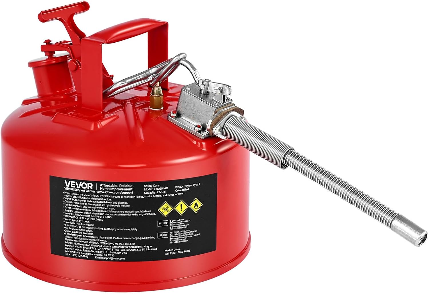 VEVOR 2.5 Gallon Type II Metal Safety Can for Flammable Liquids