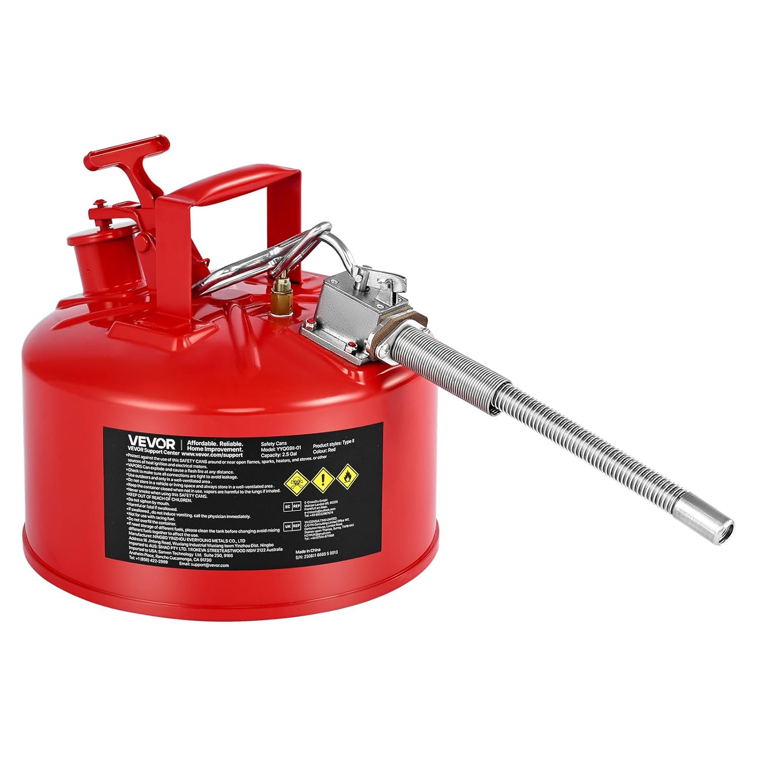 VEVOR 2.5 Gallon Type II Safety Can - Red Metal Gas Can with Flame Arrester, Self-Closing Lid & Flexible Spout for Safe Fuel Storage