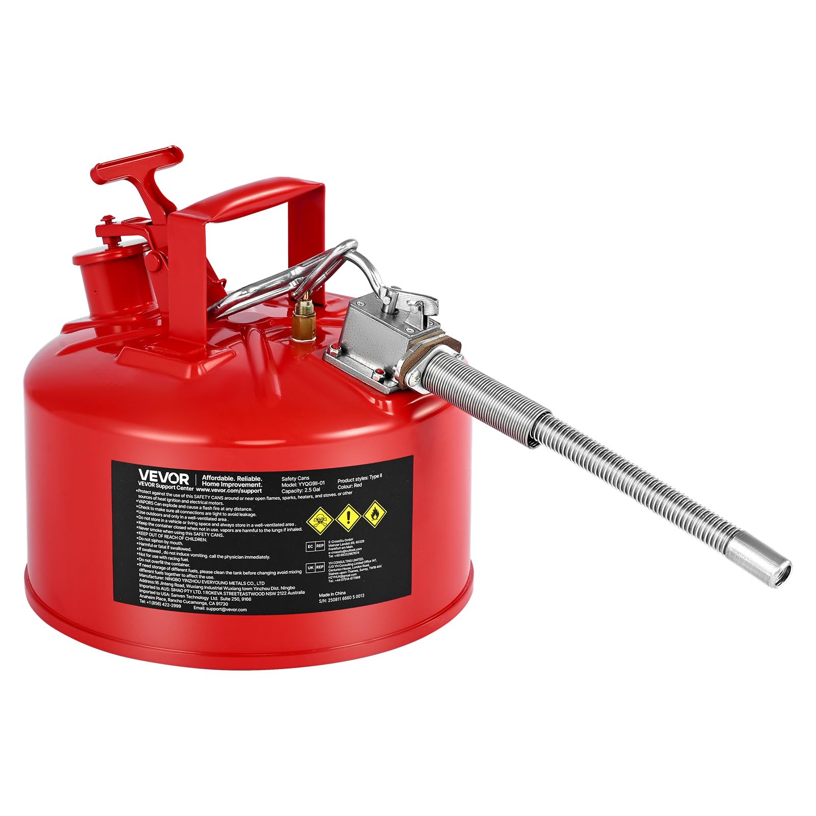 VEVOR Sicherheitskanister, 9,5 L, Typ II, Sicherheitsbehälter mit Flammensperre, selbstschließendem Deckel und flexiblem Metallausguss, Lagerbehälter zur Aufbewahrung für brennbare Stoffe, Rot