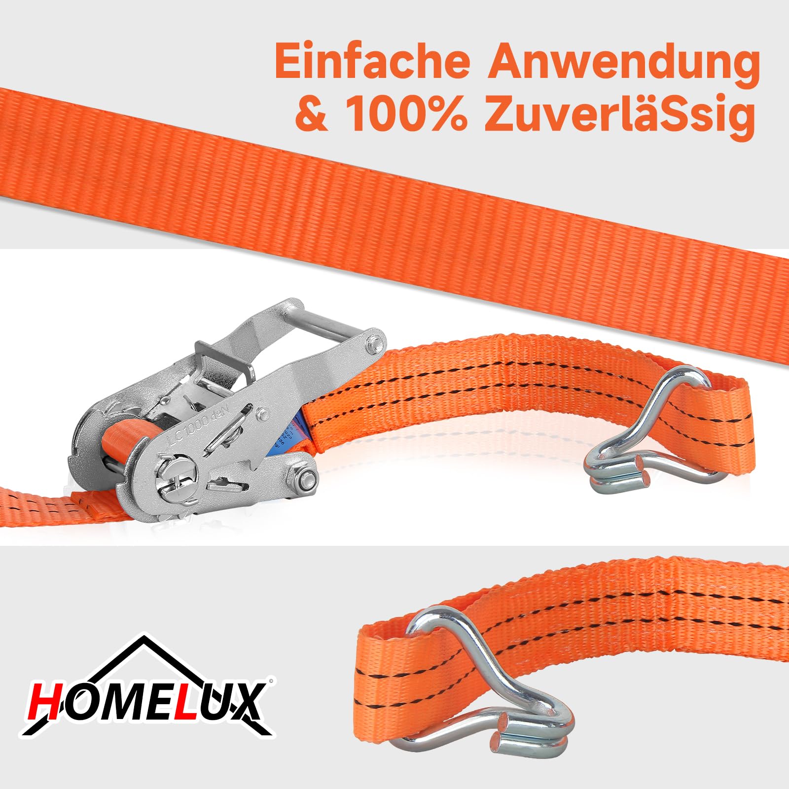 HOMELUX Correas tensoras, 4 unidades – 6 m x 3,5 cm correas tensoras con gancho de trinquete – LC 1000 daN – Certificado TÜV/GS – Correa de amarre de trinquete para asegurar la carga