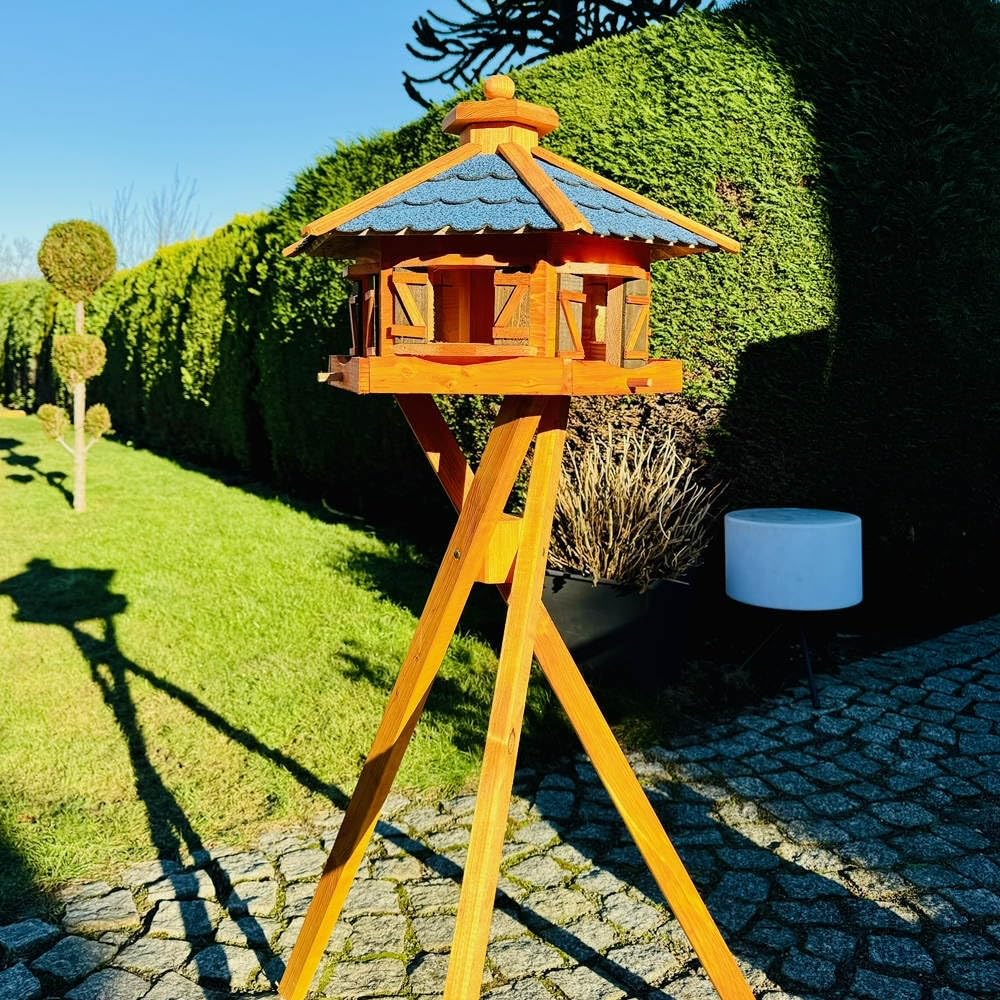 Comedero para pájaros XL hexagonal, de madera y tejas bituminosas, con y sin soporte, XL con soporte, color azul - marrón